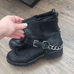 Black Leather Ankle Boots with Chain Detail